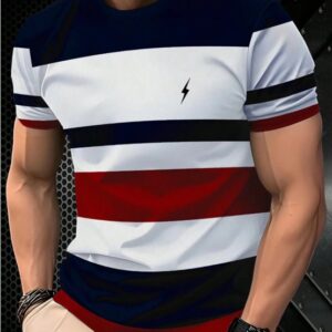 Men's Casual Round Neck 3D Striped Print T-Shirt, Breathable And Comfortable, Machine Washable. 100%